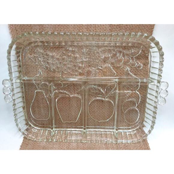 Vintage Indiana Glass Divided Serving Platter Charcuterie Tray Fruit Embossed - Picture 1 of 8
